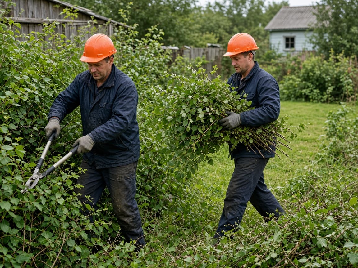 Расчистка участка — вырезка кустов и вынос веток